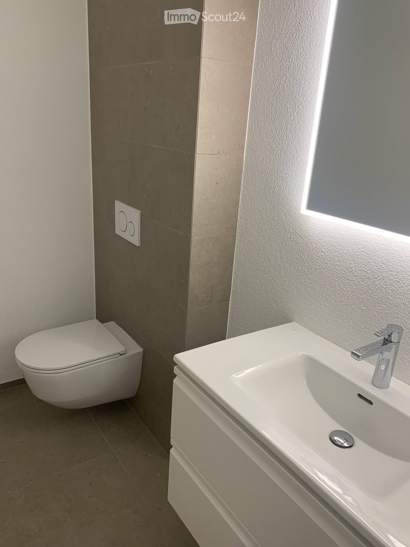 Modern bathroom with a white toilet and a white sink with a modern faucet, featuring a frosted window and tiled walls.