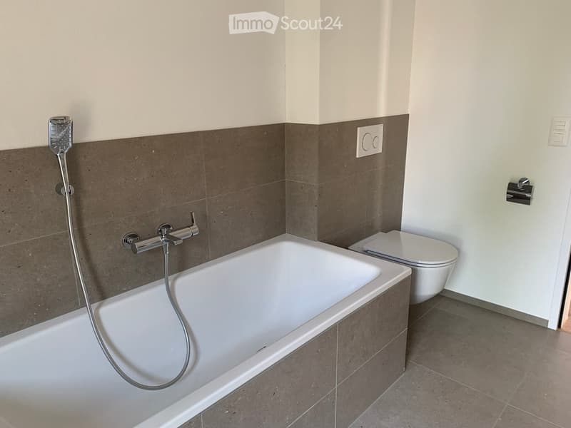 Modern bathroom with a white bathtub, a toilet, a chrome showerhead, and a chrome faucet.