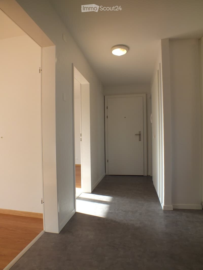 A long, narrow hallway with grey carpeted flooring, white walls, and a recessed ceiling light. The hallway features several closed doors and a glimpse of a wooden floor area at one end.