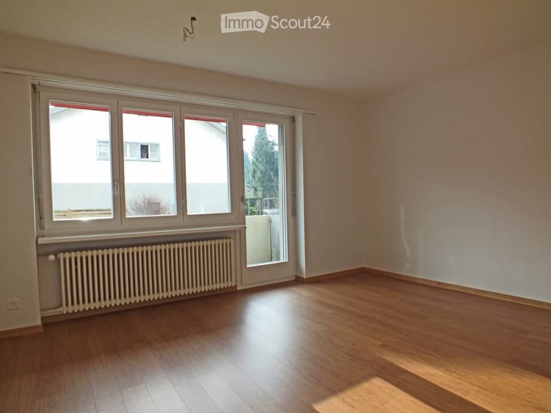 Empty room with wooden flooring, large windows, radiator, and white walls.