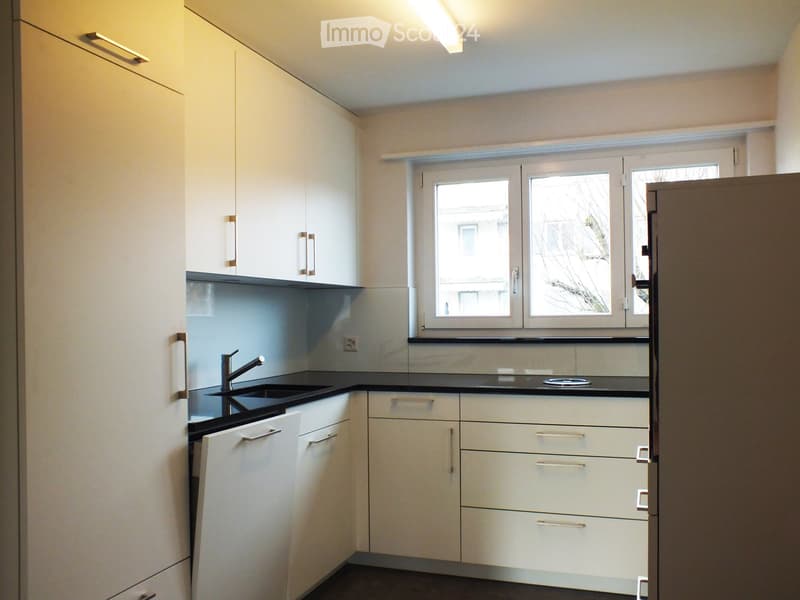 Modern kitchen with white cabinets, black countertops, and a stainless steel sink.