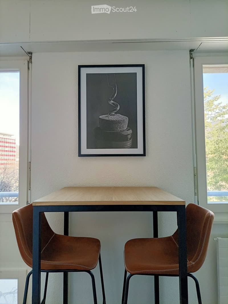 A small, modern room with a wooden table, two brown leather chairs, and a framed picture on the wall. The room has large windows with a view of trees and buildings outside.