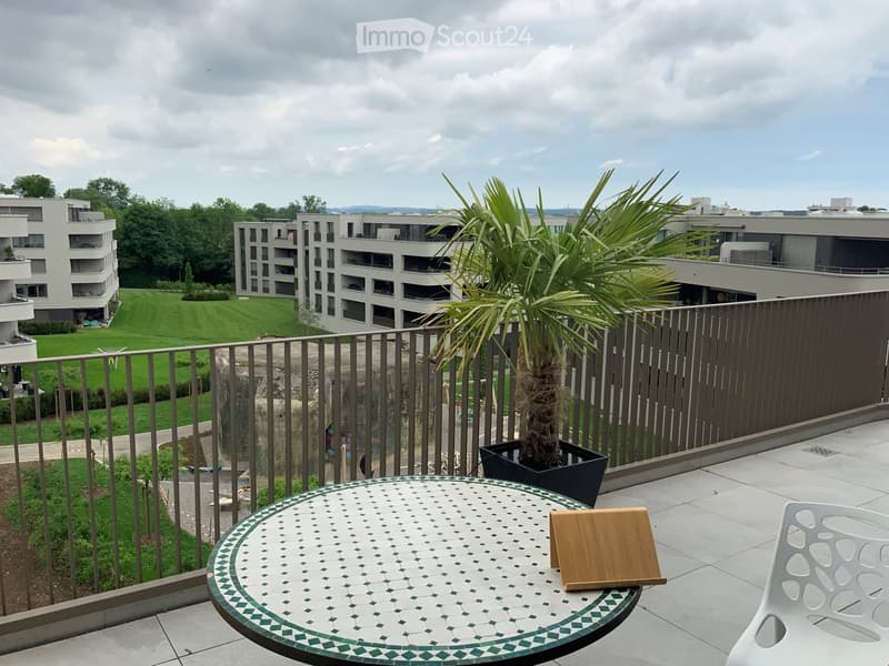 balcony with metal railings, round table with decorative design, potted palm tree, white plastic chair, background of large grass field, building with multiple balconies, cloudy sky
