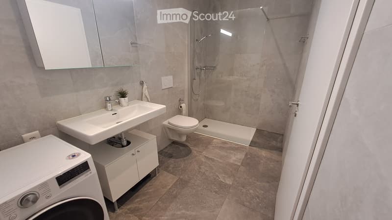 Modern bathroom with a white sink, toilet, glass-enclosed shower, mirror, and a small cabinet. A washing machine is placed next to the sink.