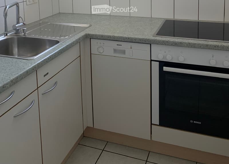 Modern kitchen with white cabinets, granite countertop, stainless steel sink, Bosch dishwasher, and Bosch oven.