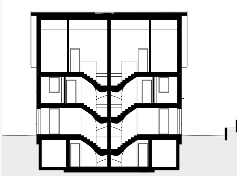 4 story building, 3 apartments, central staircase, balcony
