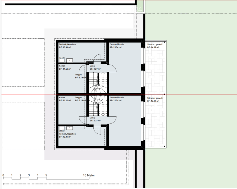 Basement floor plan, Technik/Waschen (Technical/Laundry), Keller (Cellar), Treppen (Stairs), Zimmer/Studio (Room/Studio), Gang (Hallway), Sitzplatz bedeckt (Covered seating area)