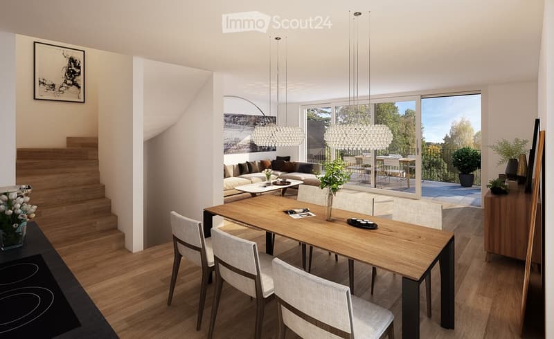 dining room, living room, balcony, wooden flooring, modern design, large windows