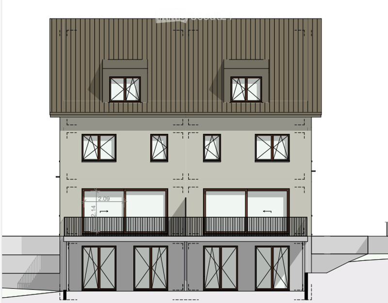 3 story apartment building, balconies, double glass doors