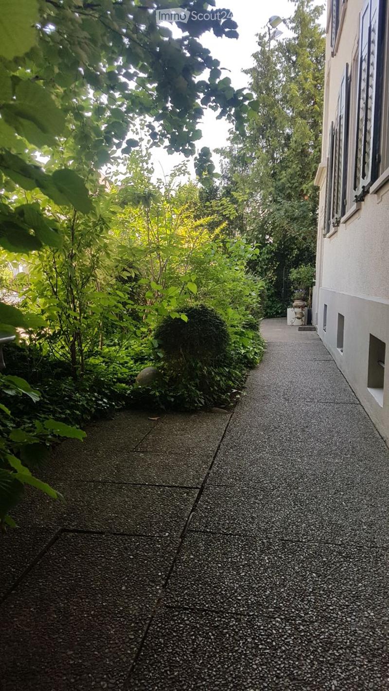 A narrow garden pathway lined with lush greenery and trees, leading to a building entrance.