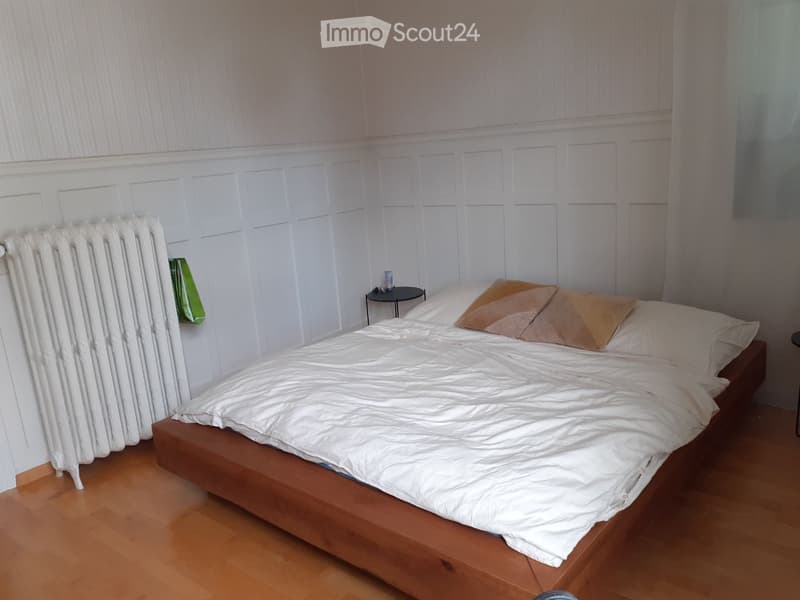 Cozy bedroom with a wooden bed, white bedding, and a nightstand. The walls are paneled in white wood, and a radiator is visible on the left side.