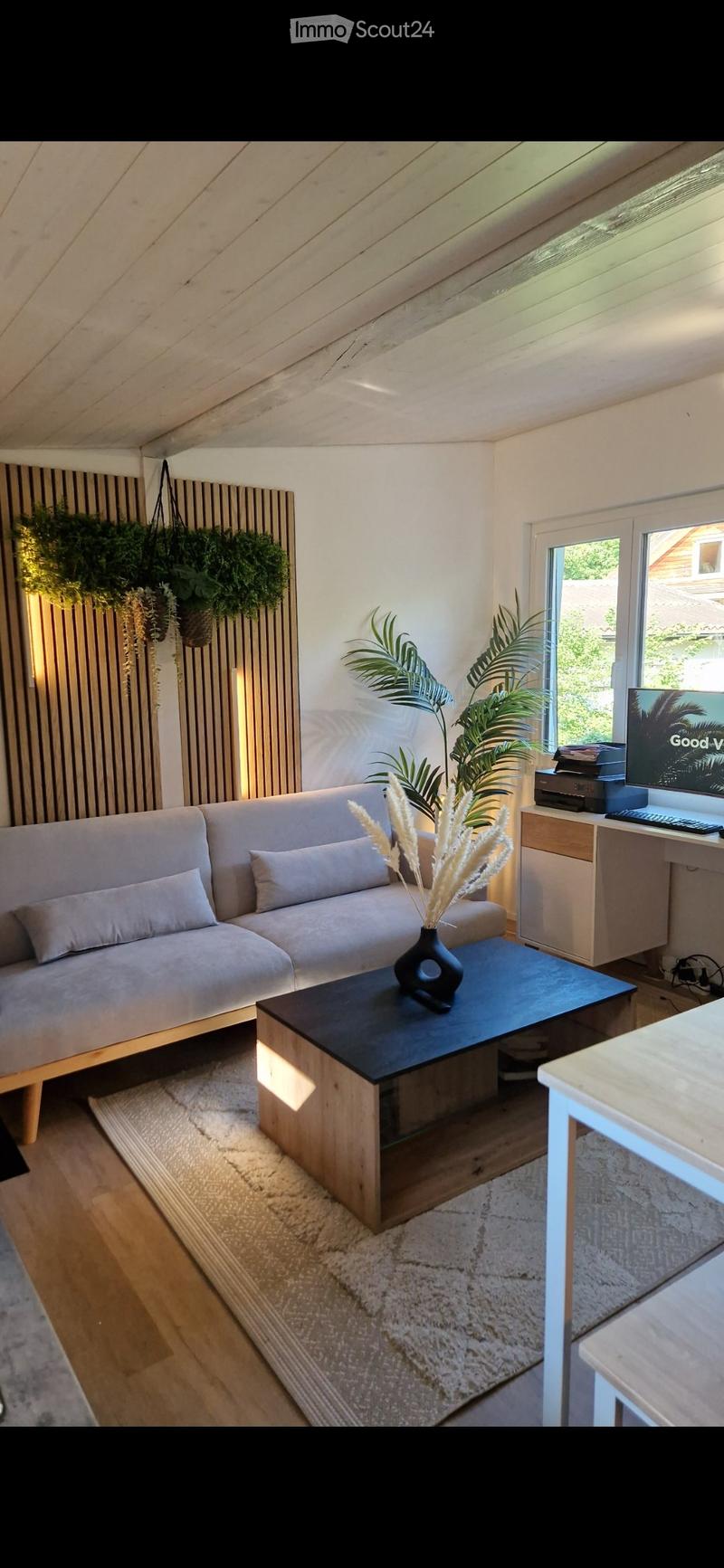 Modern living room with a grey sofa, wooden coffee table, desk with a screen, and decorative plants.