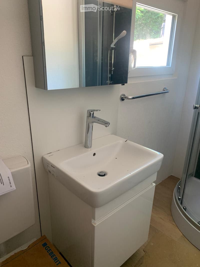 Modern bathroom with a white sink, chrome faucet, mirror, and cabinet. A handrail is mounted on the wall next to the sink.