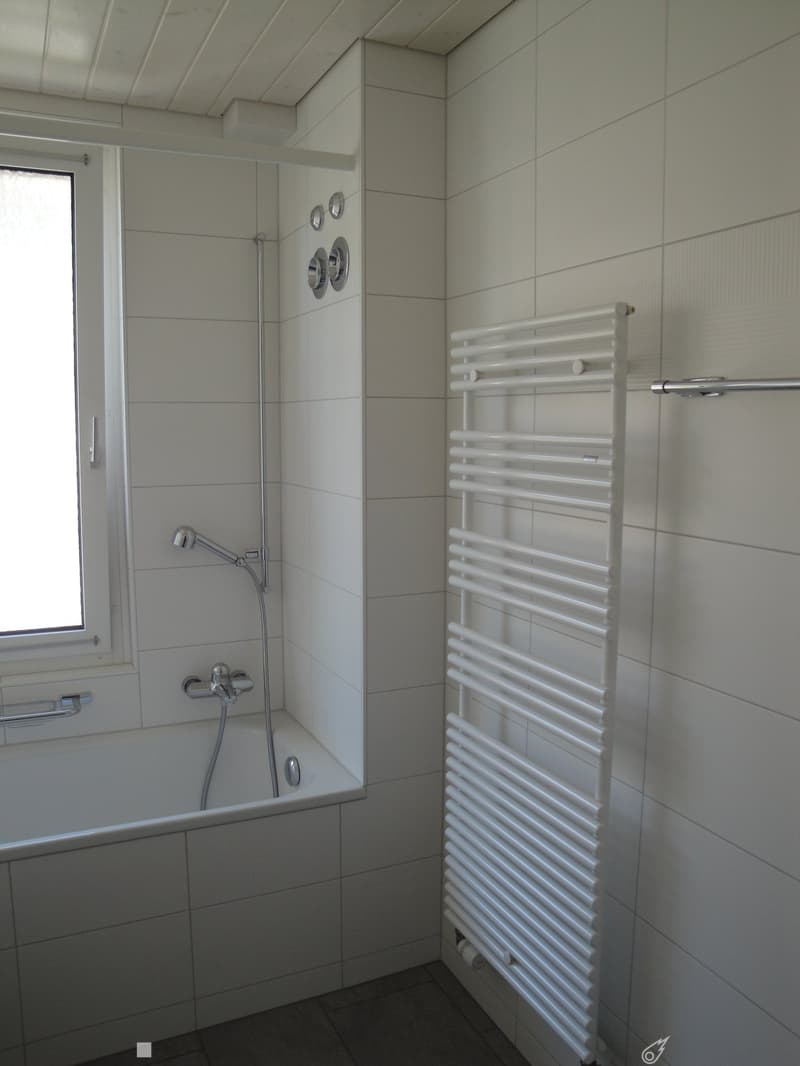 Modern bathroom with a bathtub, showerhead, faucet, and a white radiator. The walls are tiled, and there is a window providing natural light.