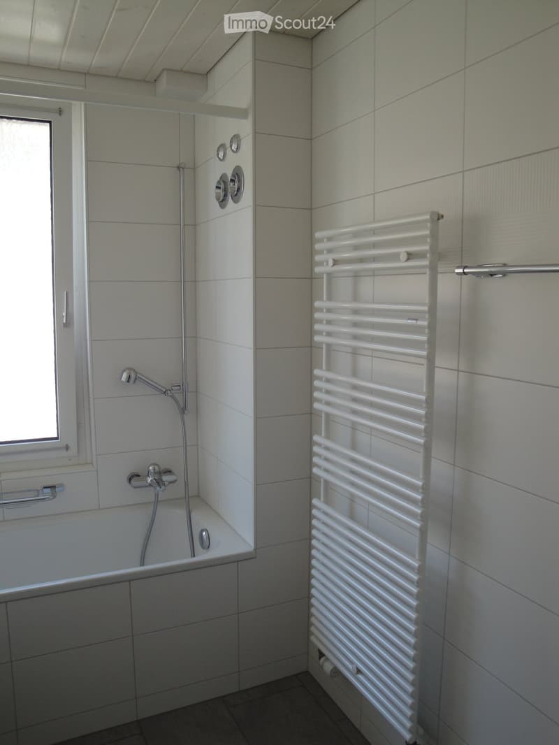 Modern bathroom with a bathtub, showerhead, faucet, and a white radiator. The walls are tiled, and there is a window providing natural light.