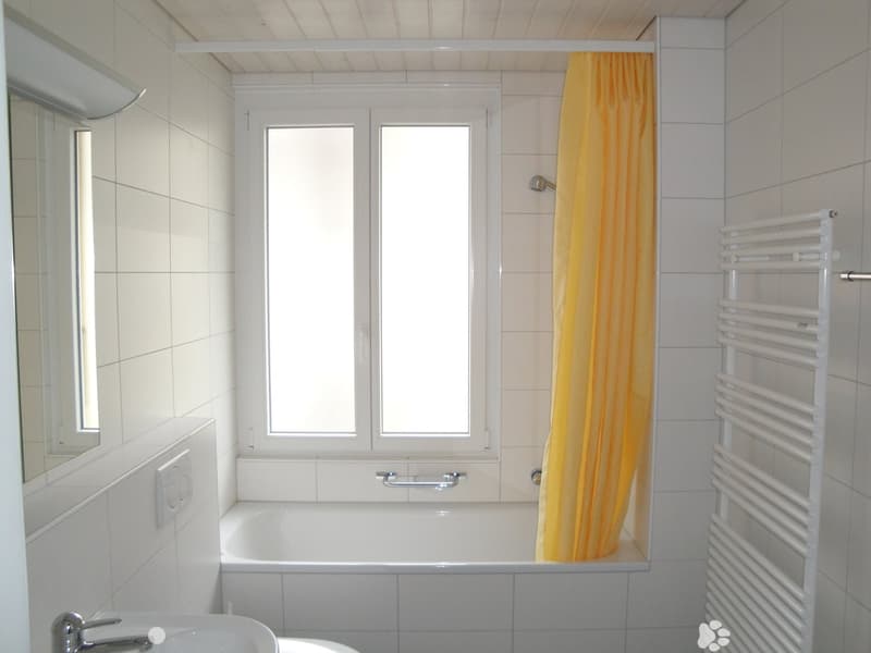 Modern bathroom with a bathtub, shower curtain, radiator, mirror, and a window above the tub.