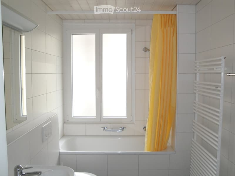 Modern bathroom with a bathtub, shower curtain, radiator, mirror, and a window above the tub.