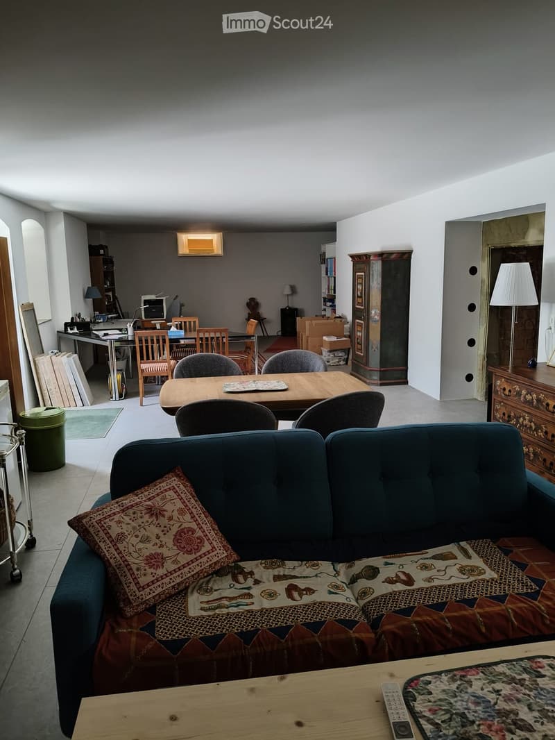 A multi-functional living and dining area with a blue sofa, wooden dining table, chairs, a desk with a computer, and a lamp. The space features a mix of modern and traditional decor, including patterned cushions and a wooden cabinet.