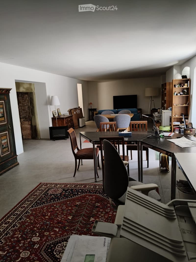 A spacious, well-lit room with a mix of seating and work areas. Features include a sofa, chairs, a dining table, a fireplace, a bookshelf, and a large screen.