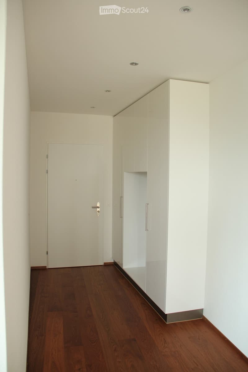 Empty hallway with wooden flooring, white walls, and a white cabinet on the right side.