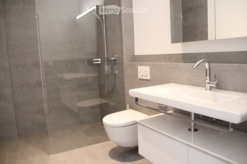 Modern bathroom with a white sink, chrome faucet, toilet, and a glass-enclosed shower area with a built-in seat.