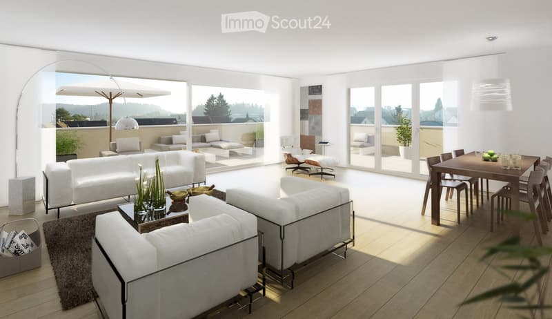 Modern living and dining area with white sofas, a coffee table, a dining table with chairs, and large windows overlooking a balcony with outdoor seating.