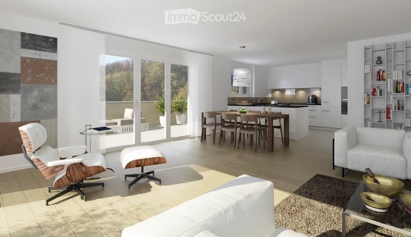 Modern open-plan living and dining area with white walls, wooden flooring, large windows, a white sofa, a wooden dining table with chairs, a bookshelf, and a kitchen area with white cabinets.