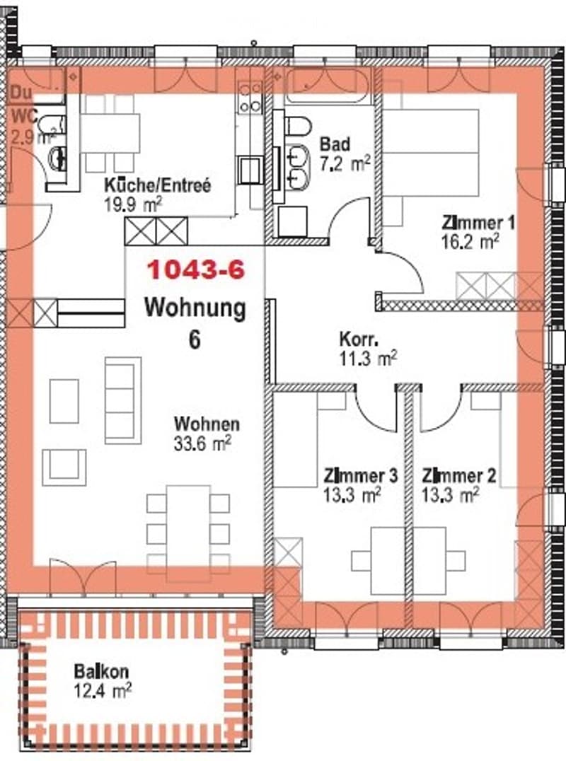 Floor plan of apartment 1043-6, showing living room, kitchen/entrance, three bedrooms, bathroom, hallway, and balcony.
