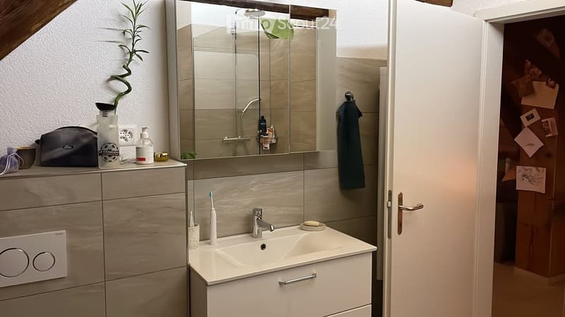Modern bathroom with a white sink, chrome faucet, electric toothbrush, and a large mirror above. A towel hangs on the wall, and a small plant is placed on the cabinet.