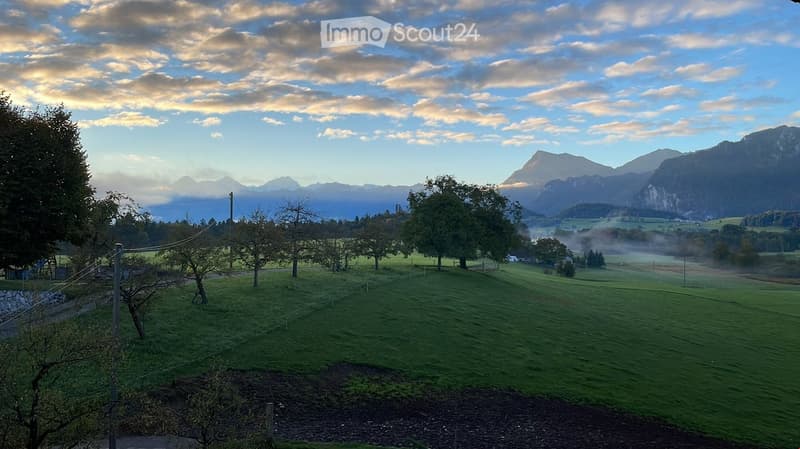 A serene, expansive green field with scattered trees, surrounded by distant mountains under a partly cloudy sky.