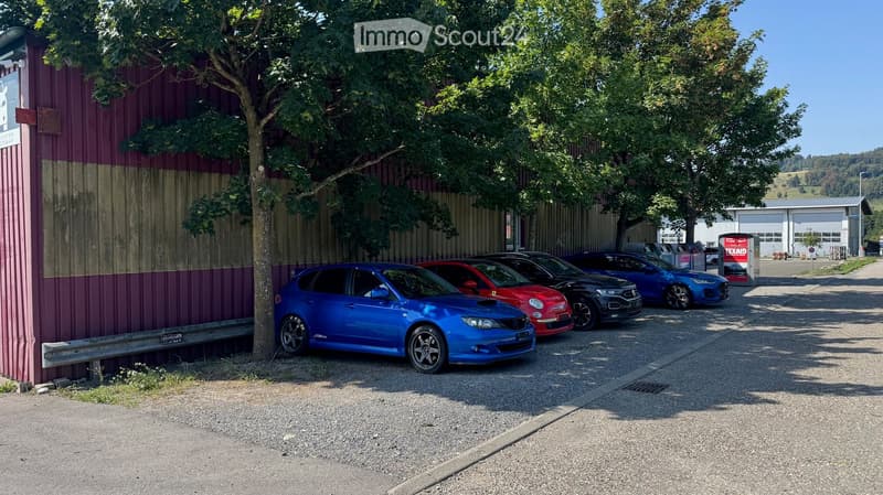 Outdoor parking area with several cars parked in a row, surrounded by trees and a building with a purple facade.