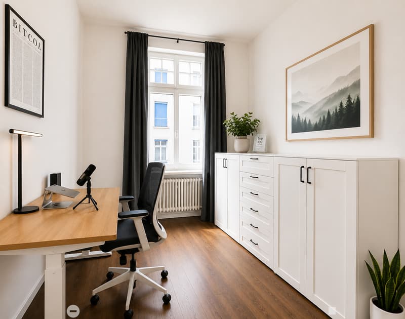 Modern office space with a wooden desk, ergonomic chair, white cabinet, floor lamp, framed artwork, and potted plants.