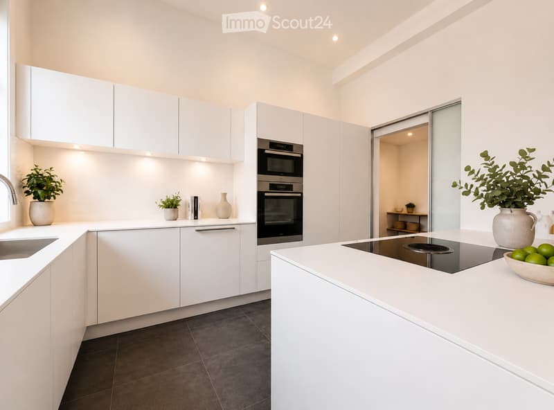 Modern kitchen with white cabinets, stainless steel appliances, and a central island with an induction cooktop. Includes a sink, faucet, decorative vases, and a bowl of fruit on the counter.
