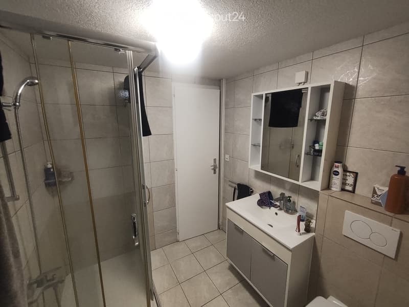 Modern bathroom with a glass-enclosed shower, a white sink with a mirror cabinet, and a toilet. The walls and floor are tiled in neutral tones.