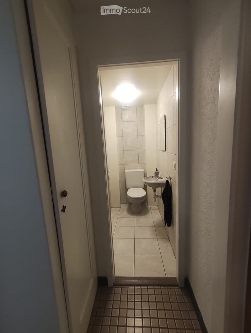 A narrow hallway leads to a small bathroom with a toilet, sink, and mirror. The hallway has tiled flooring and beige walls.