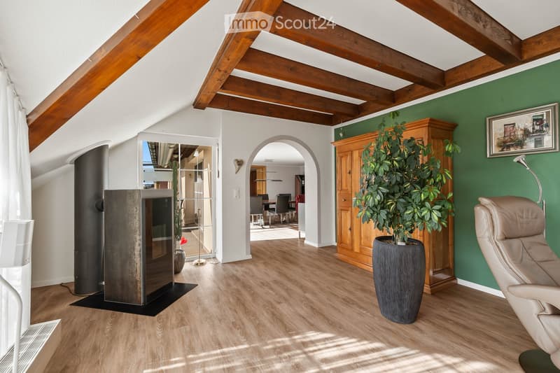 Living room with wooden beams, green accent wall, leather armchair, large potted plant, cabinet, fireplace, and mirror leading to another room.