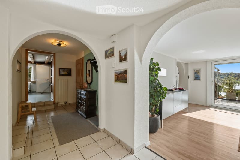 Bright hallway with arched doorways leading to adjacent rooms, featuring a mix of tiled and wooden flooring, framed artwork on the walls, and a potted plant near the entrance.