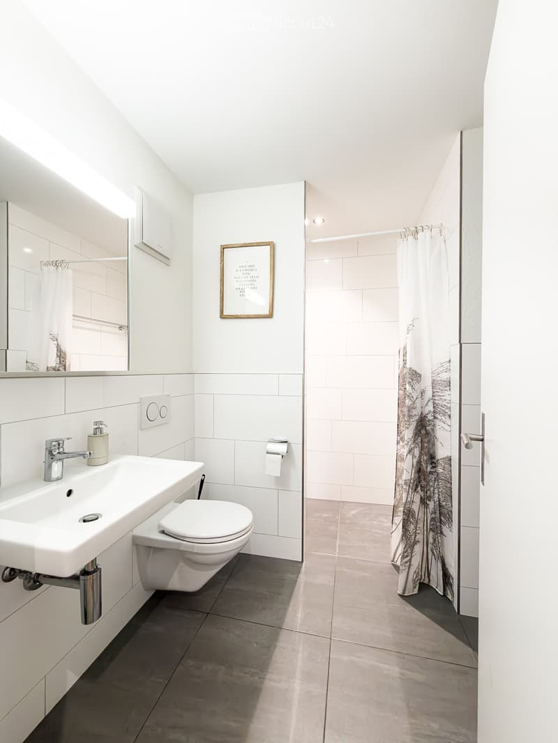 Modern bathroom with white tiles, a sink, toilet, shower area with curtain, and a framed picture on the wall.