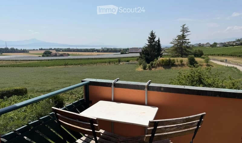 Balcony with a table and two chairs, overlooking a scenic countryside with fields, trees, and distant mountains.