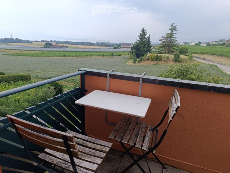 Balcony with a small table and two chairs, overlooking a rural landscape with fields and trees.