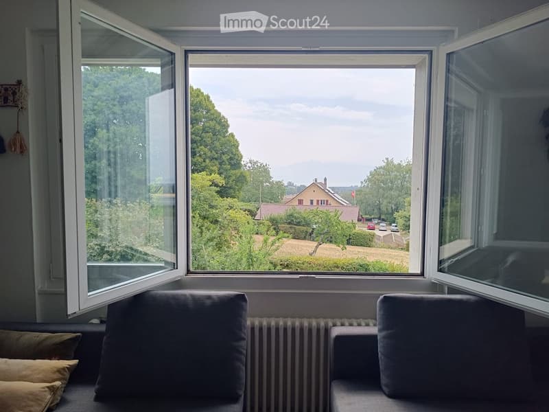 A cozy living room with a grey sofa, pillows, and large windows offering a scenic view of a green landscape and houses.