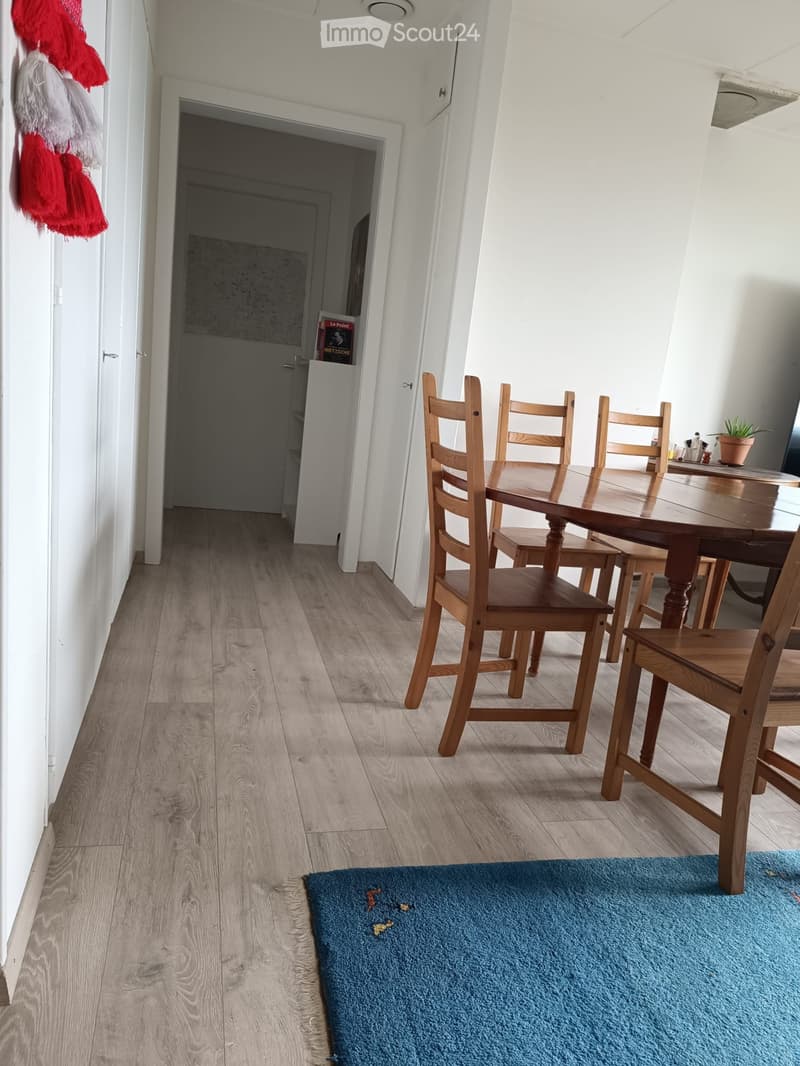 Dining area with wooden dining table, chairs, and a small plant on a side table.