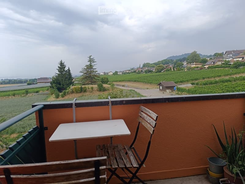 Balcony with a table, chairs, and a bench, overlooking a scenic countryside with vineyards and houses.