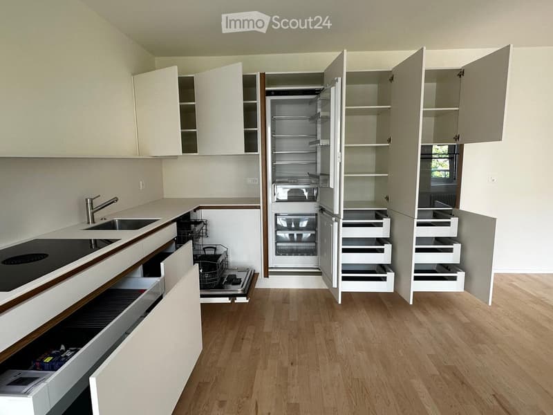 Modern kitchen with white cabinets, open shelving, stainless steel appliances, and wooden flooring.