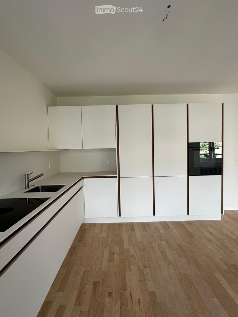 Modern kitchen with white cabinets, a stainless steel sink, and wooden flooring.