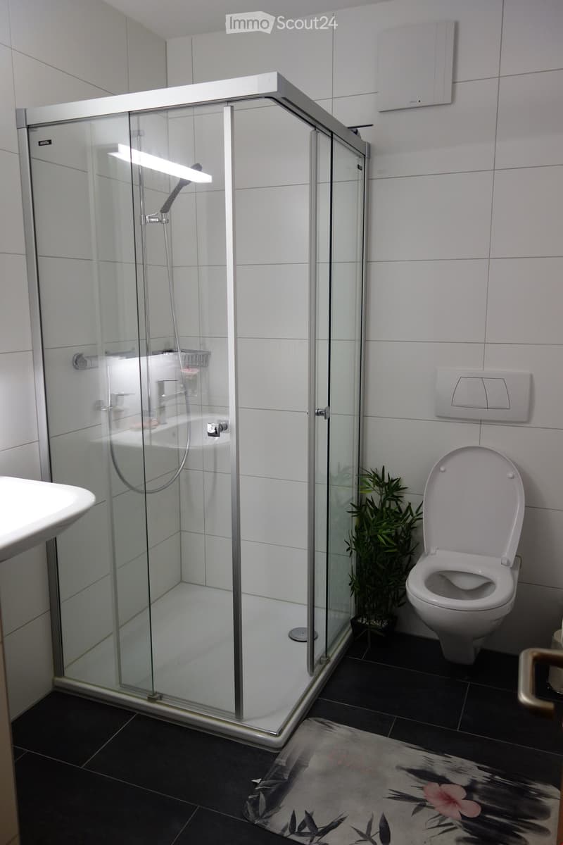 Modern bathroom with a glass-enclosed shower, toilet, sink, and decorative plant. Features white tiles and dark flooring.