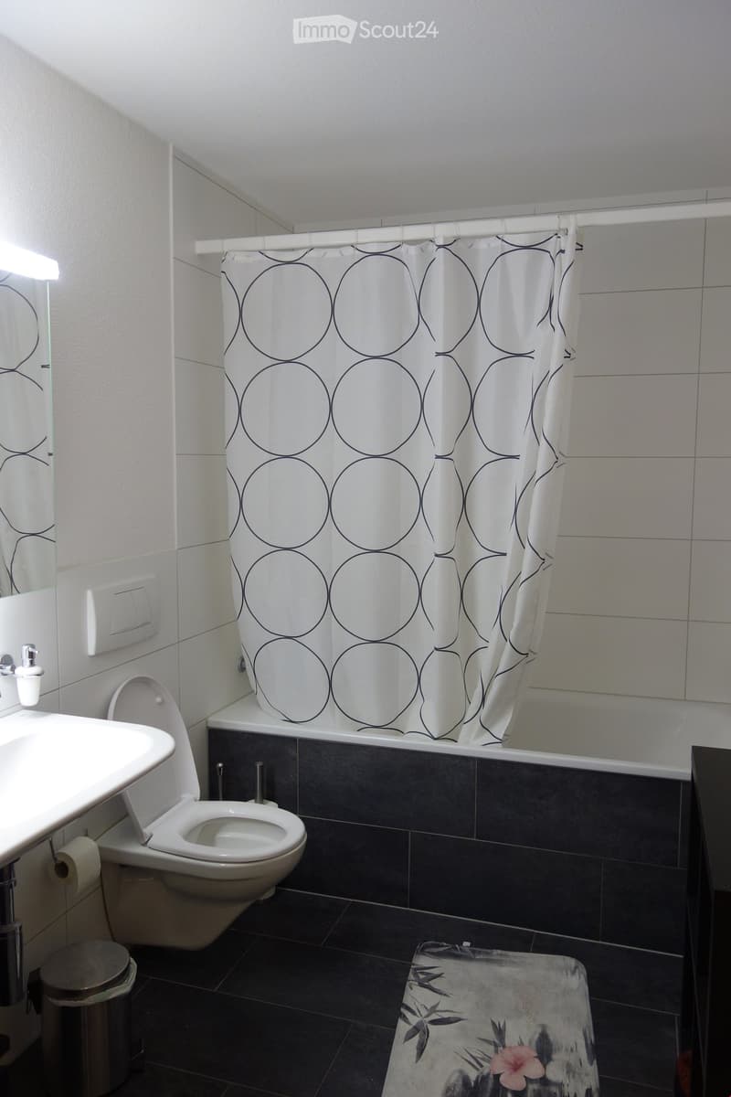 Modern bathroom with a toilet, sink, bathtub, and shower curtain. Features a dark tiled floor and walls, a white sink, and a decorative rug in front of the bathtub.