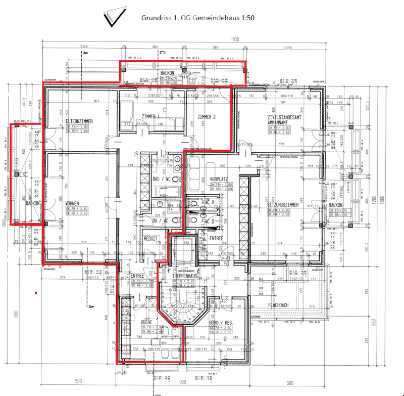 Floor plan of the first floor of a community house, showing rooms including living room, kitchen, bedrooms, bathrooms, and balconies.