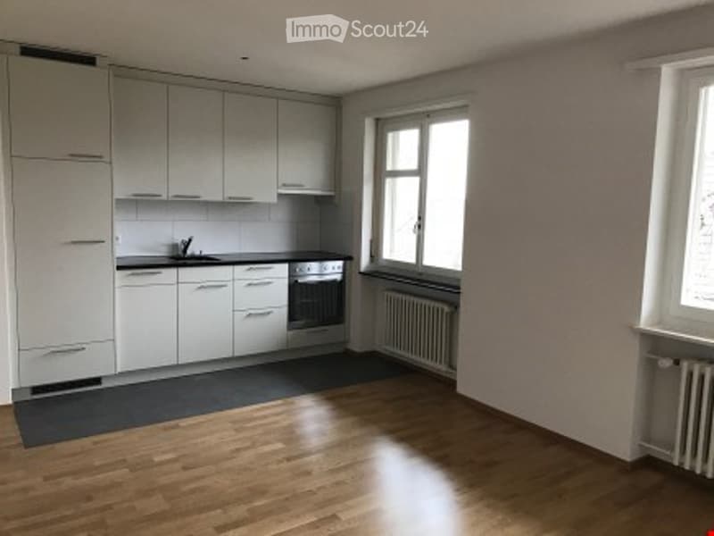 Modern kitchen with white cabinets, wooden flooring, and a window providing natural light. Includes a sink, oven, and radiator.