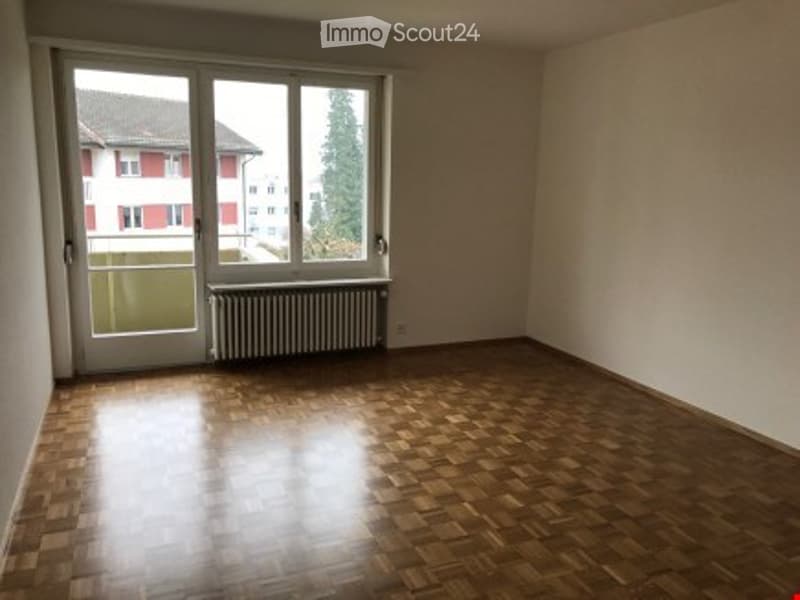 Empty room with wooden parquet flooring, large window with glass door leading to a balcony, radiator below the window, and neutral-colored walls.